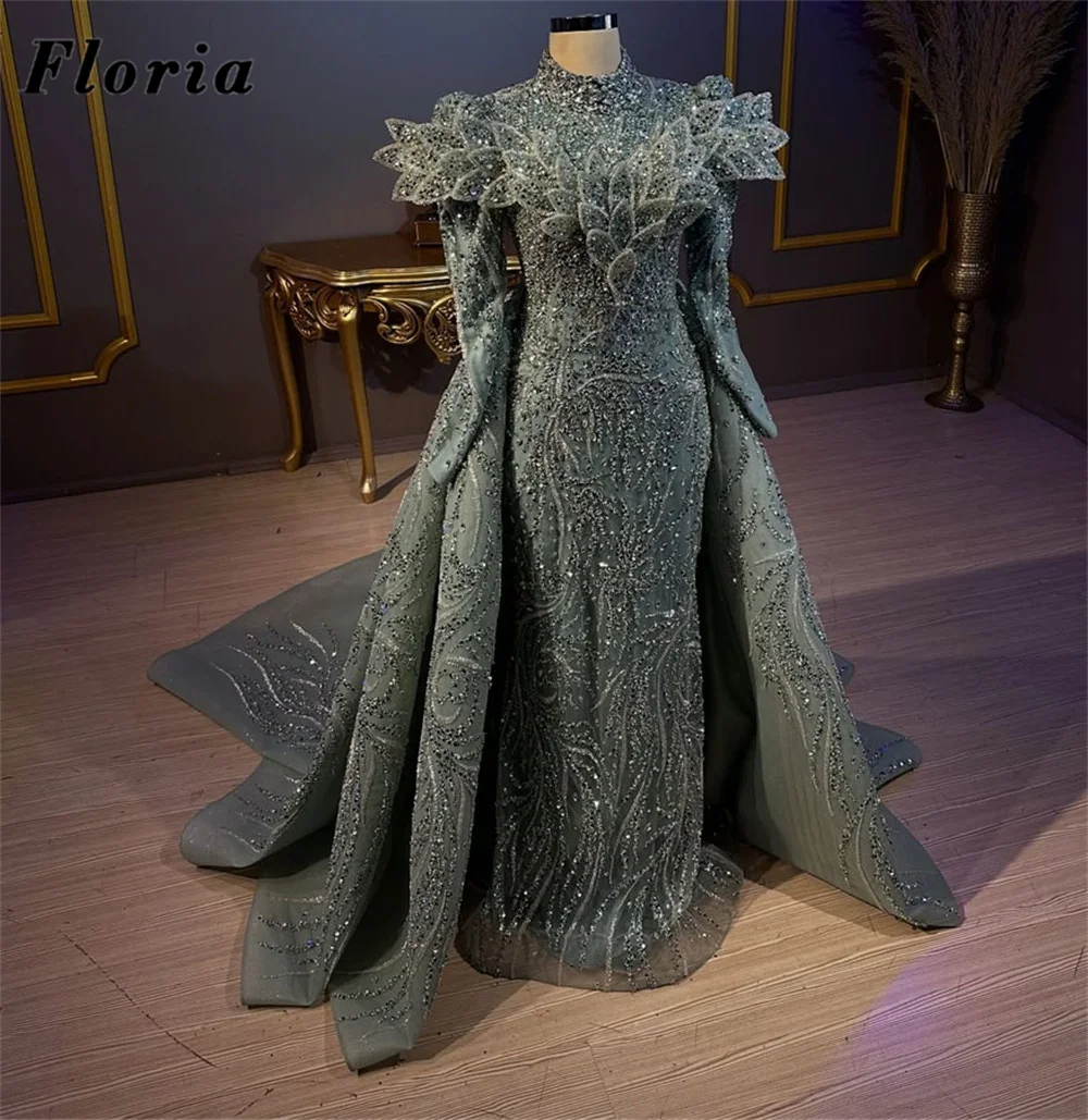 

Роскошные зеленые вечерние платья с кристаллами и отстегивающейся юбкой, мусульманские, в стиле Дубай, с длинными рукавами, для вечеринок и свадеб, на заказ