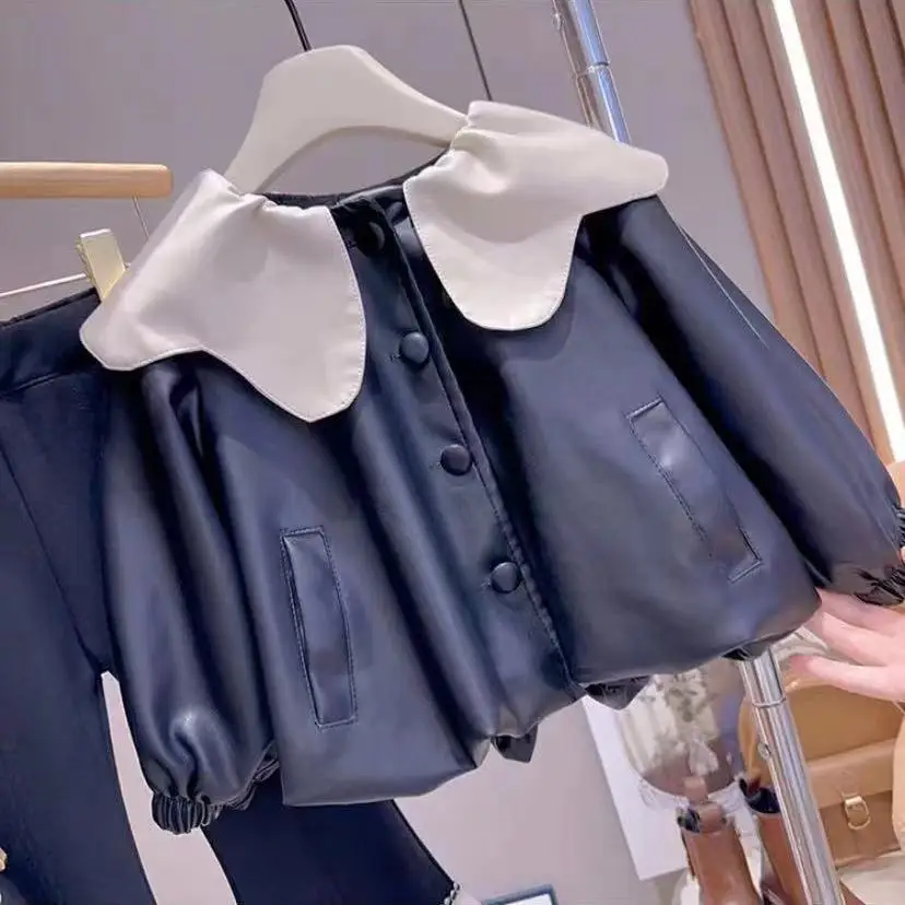 Leather Jacket with Puffy Sleeves Autumn  Coat for Girls 2 To 7 Years Children's Coats Contrasting Doll Collar Coat