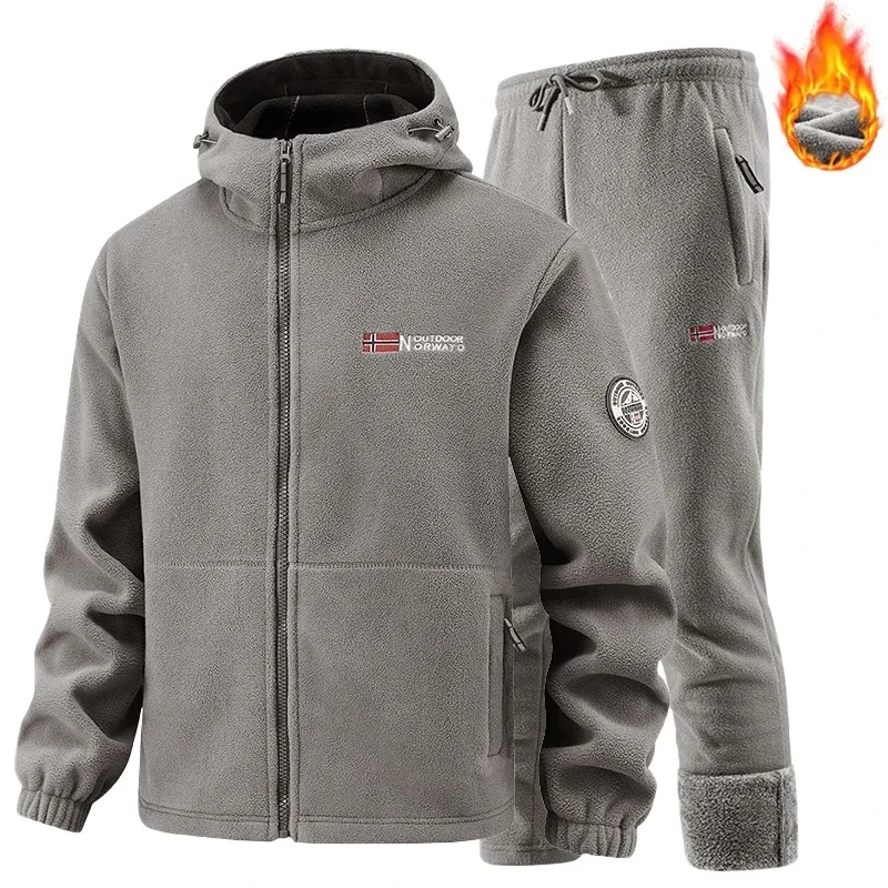 Winter Tracksuit Man Two Piece Set Fleece Lined Sportswear Set Mens Retro Training Thick Jacket Pants Casual Ski Running Suit