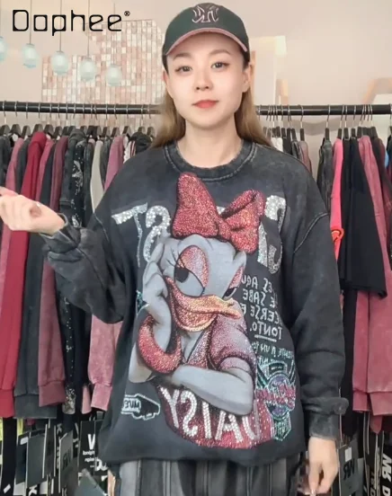 Trendy Black Pullover Sweatshirt Spring Autumn Heavy Rhinestone Cute Cartoon Loose Fashion Long Sleeve Sweatshirt for Women