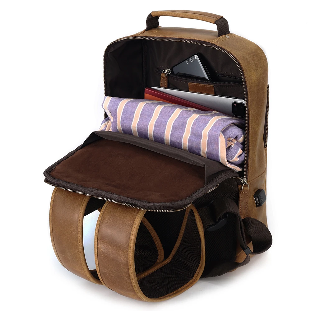 YIR-Sac à dos en cuir de cheval pour homme, sac à dos pour ordinateur portable, sac à dos de jour avec chargement USB, sac à dos d'affaires de voyage, cartable, nouveau, chaîne, élan, 15.6 pouces