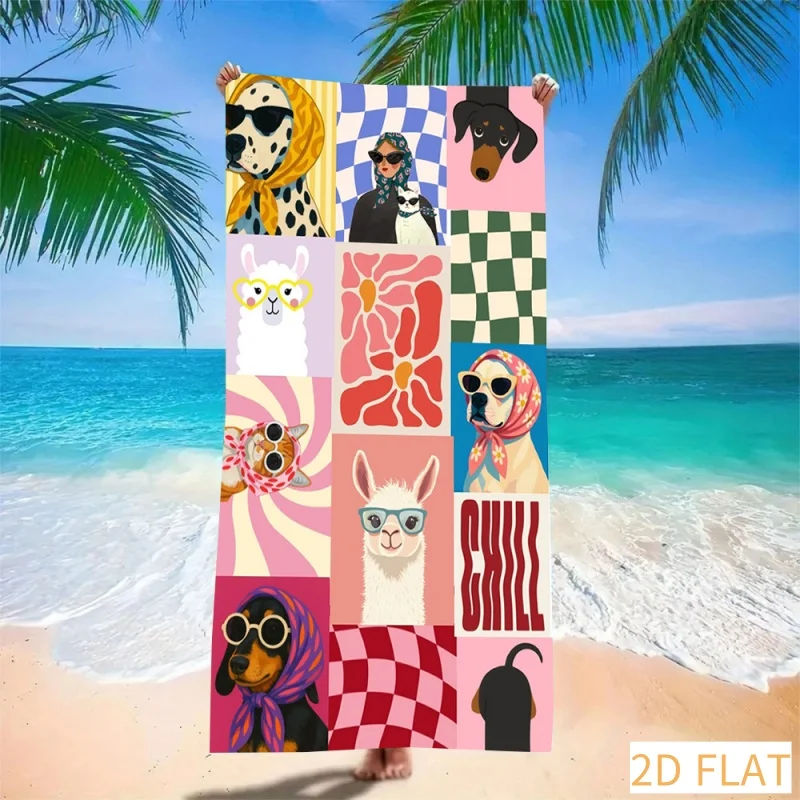 Cool Animal Collage Beach Towel Super Absorbent Quick Dry Microfiber with Dog Llama Print Soft Sand-Free Blanket for Picnic
