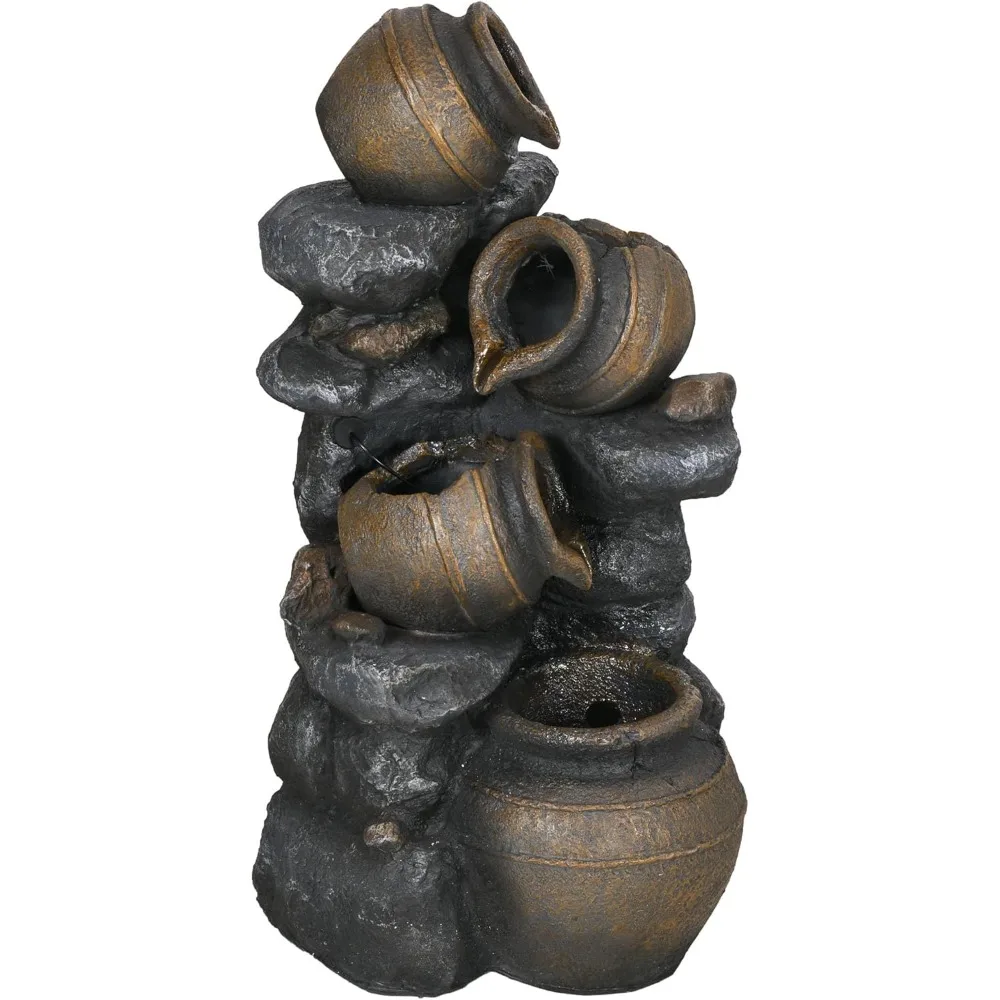 

28.3" Tall Solar Powered Outdoor Water Fountain, 4-Tier Floor Standing Resin Cascading Jars and Stacked Stones Waterfall Founta