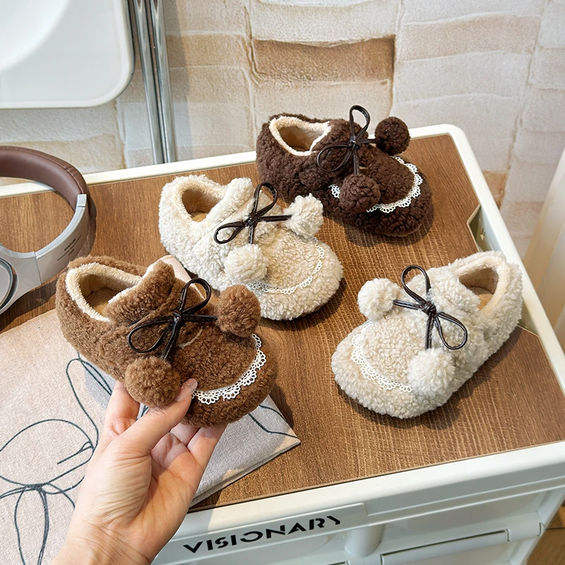 

Kids Shoes Winter Toddler Girls Fashion Princess Flats Baby Children Children Warm Fur outdoor Bow Pompom Soft Sole 22-30