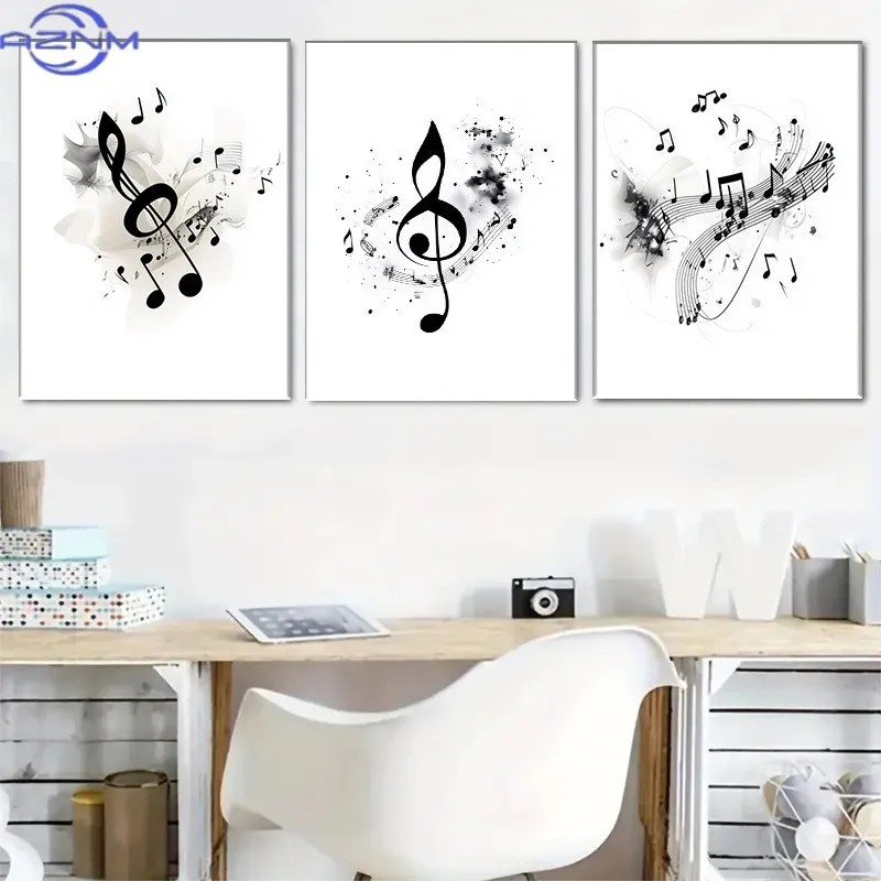 Valentine'S Day 3pcs Fashion Black And White Music Symbol Canvas Art Set - Modern Unframed, Ink Print Wall Decor for Home, Off