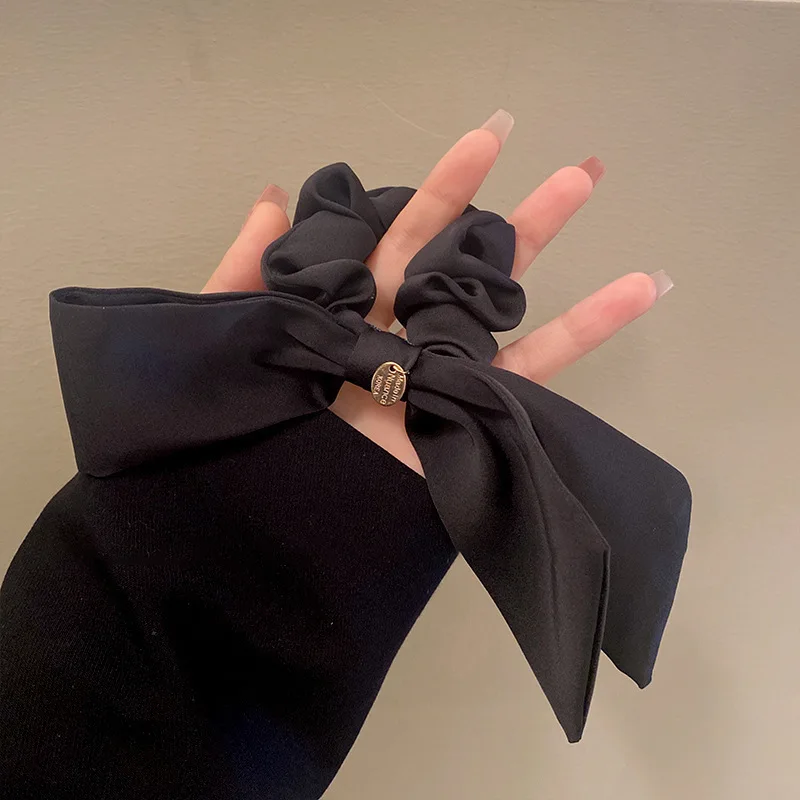 Korean Woman Large Elegant Silk Elastics Hair Band Black Satin Bow Scrunchies Hair Ties Ladies Ponytail Hold Hair Accessories