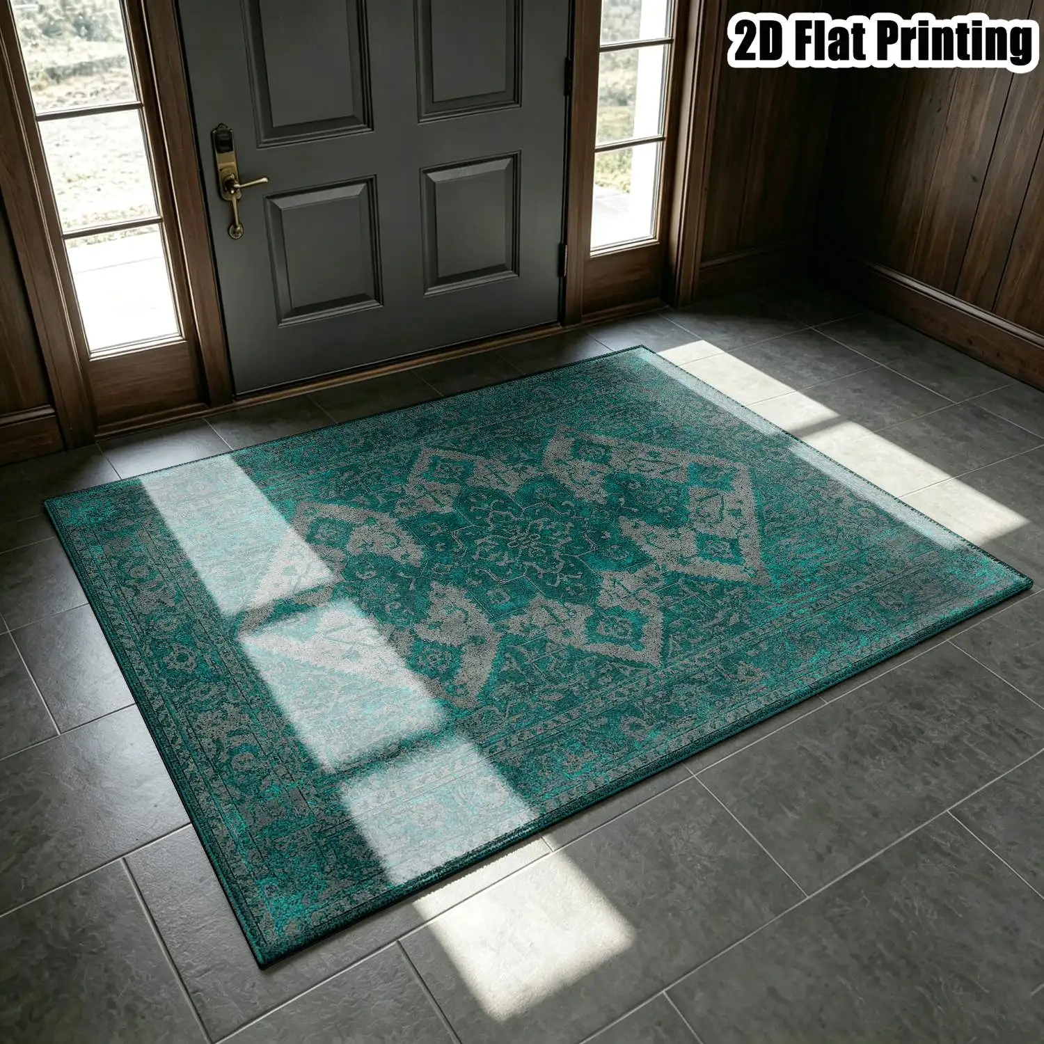 1Pc 2D Printed Retro Blue-Grey Geometric Carpet, European Style, Machine Washable, Multi-Size, Ideal for Home Decoration & Multi-Scenario Use