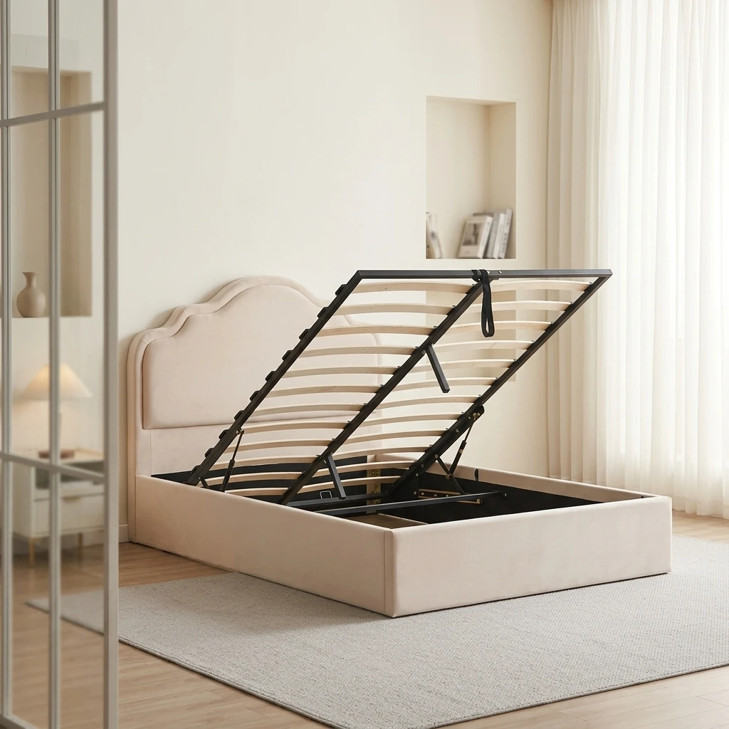^2025 Lasted Design Modern Style Cheap King Queen Twin Size Bed with Soft Headboard and Multi-Functional Storage Gas Lift Bed