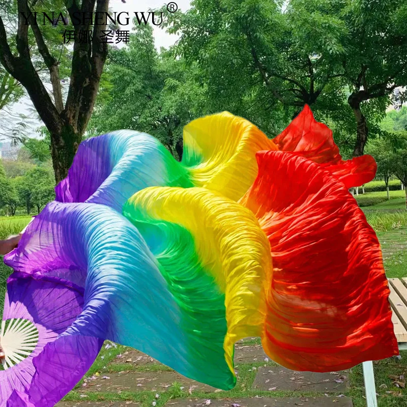 Professional Belly Dance Silk Veil Light Weight 100% Silk Fans Hand Dyed Colorful Dancer Performance Props Long Silk Fans 1 Pair