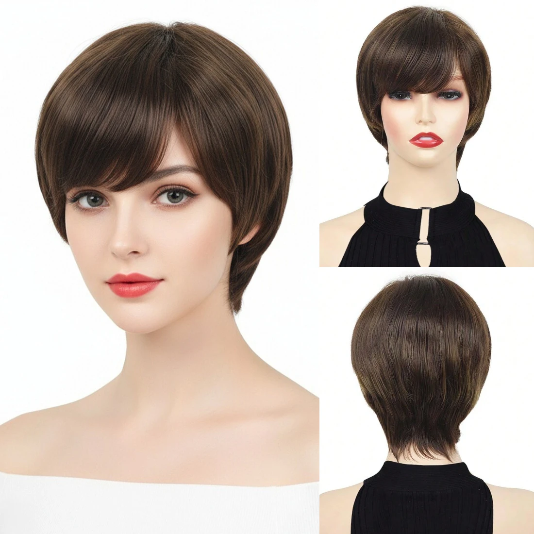 

Женский короткий прямой коричневый парик, термостойкий синтетический парик с боковой челкой, повседневные сборки