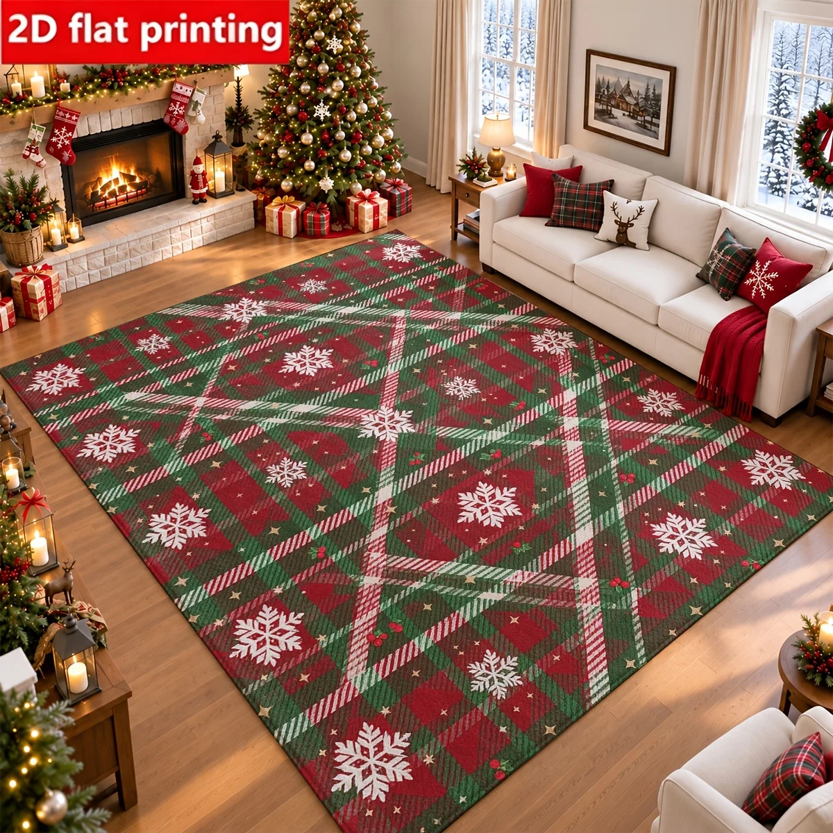 [2d Flat]1Pc Christmas Indoor Rug, Featuring Red and Green Plaid with Snowflake Patterns, Rustic Christmas Style—Perfect for Living Rooms, Bedrooms, and Hallways