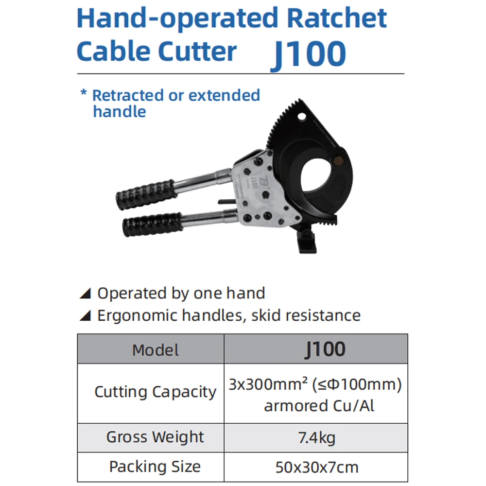 J100 Hand Operated Ratchet Cable Cutter 3x300mm2 Max100mm Armored Cu Al Cable7.4kg