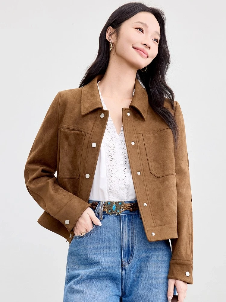 

SENTUBILA Women's Suede Jacket Autumn 2025 New Temperament Commuter Lapel Loose Fit Slim Long Sleeve Casual Outerwear 153WB2594