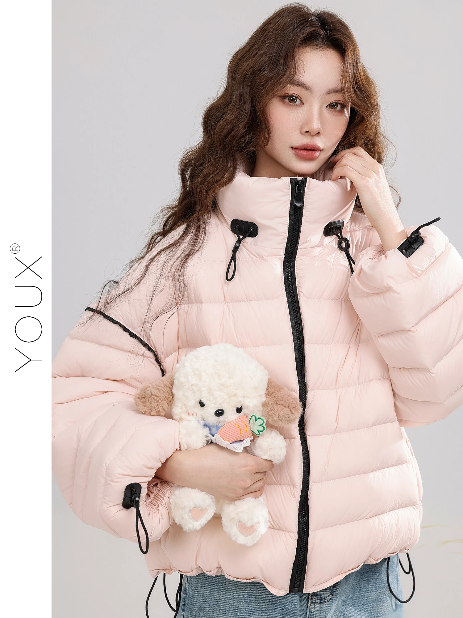 

Faionable Pink Stand Collar down Jaet Women's Casual Outerwear Retro Sle Thiened Polyester Fiber White Du down Filling