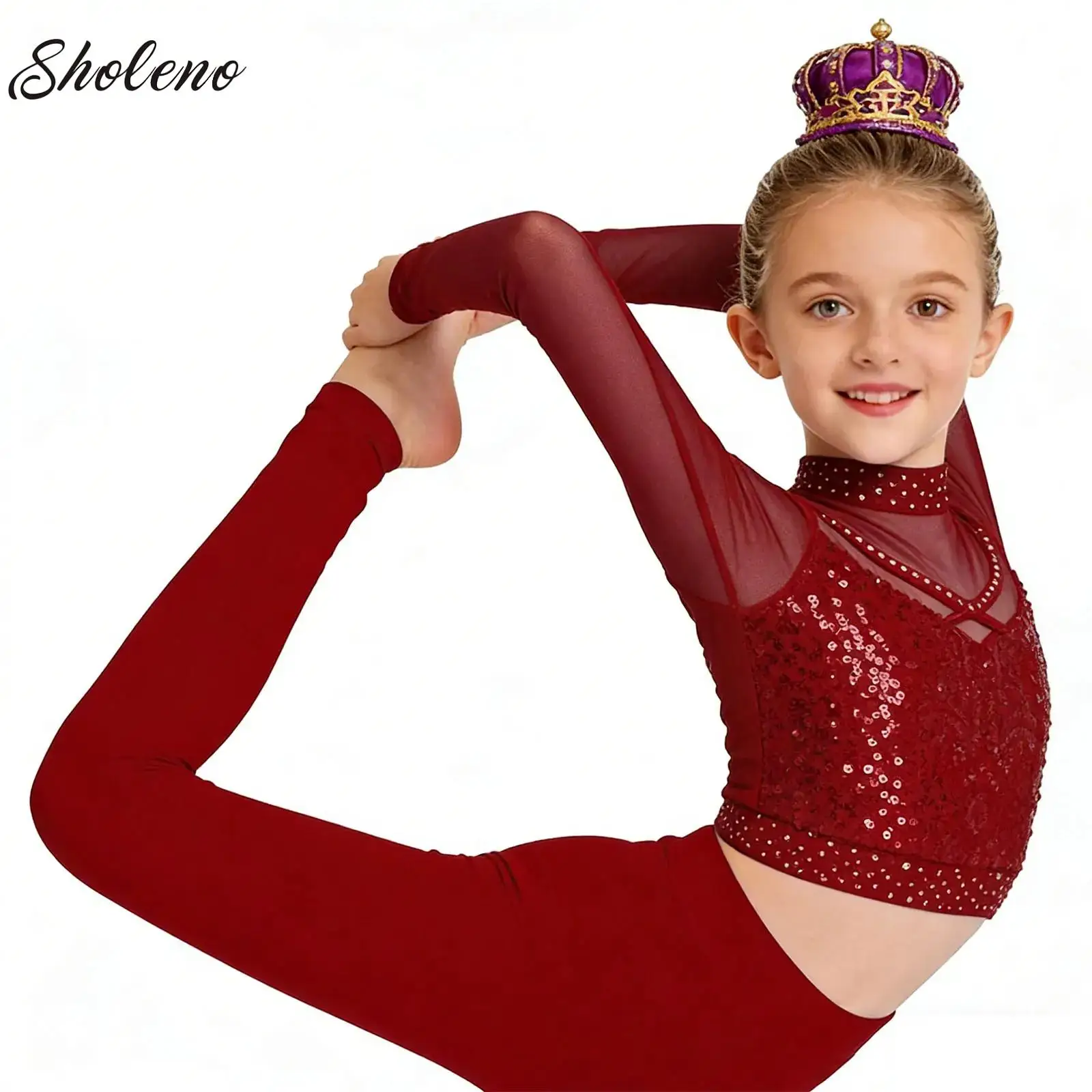 

Kids Girls Acrobatics Gymnastics Ballet Dance Sets Rhinestones Workout Outfit Shiny Sequins Crop Top with Leggings Practice Suit