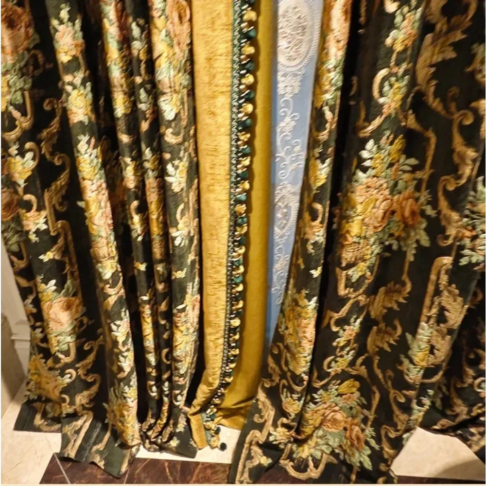 Curtains For Living Room Bedroom French Window Dark Green Gilded Gold Embroidery Thickened Chenille Patched Villa Window Screen