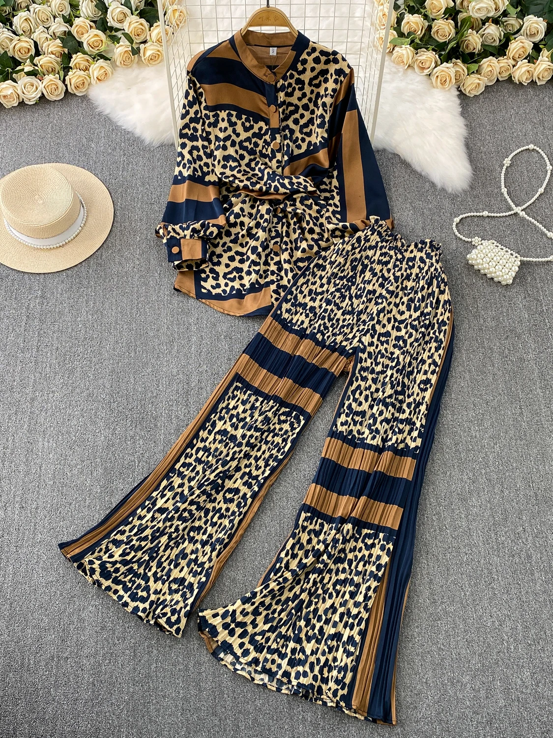 

Ретро Tie Dye Print Long Sve irt Талия Cinching Высокая талия Широкие брюки Комплект женской модной летней одежды Комплект из двух предметов