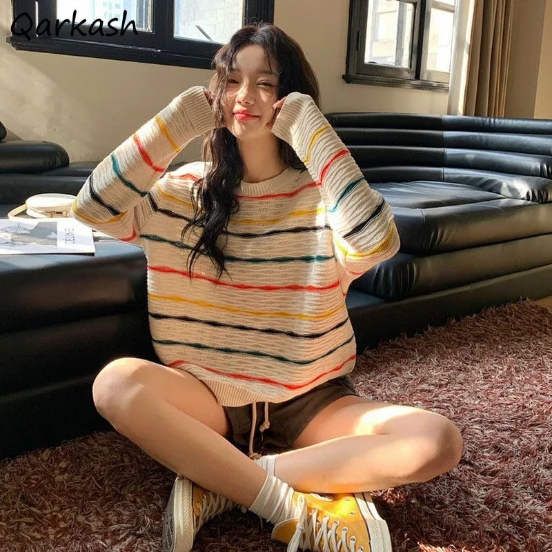 O-neck Pullovers Women Fashion Striped Rainbow New Spring Students Clothing All-match Chic Comfortable Female Breathable Loose