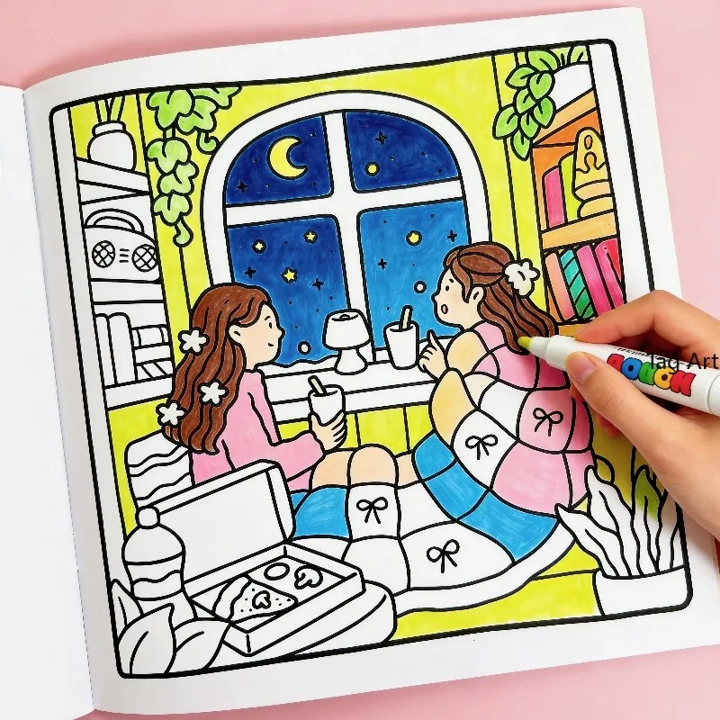 A Healing Girl's Daily Scene Coloring Book, Garden/Beach/Skiing/Home/Coffee Shop/Four Season Life Scene, 24 Page Drawing Pattern
