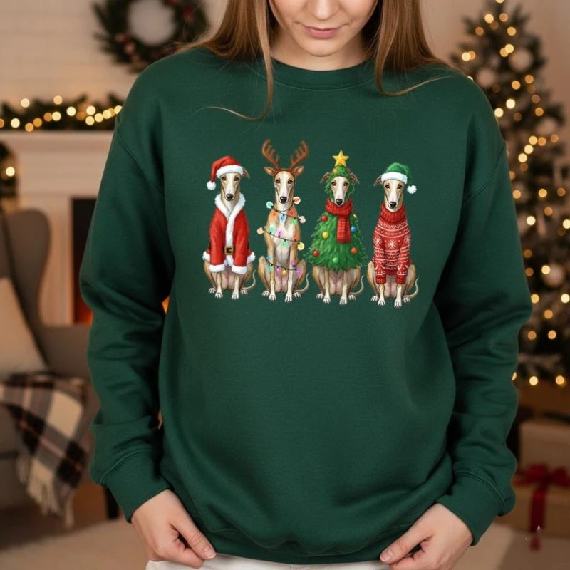 

Рождественский свитшот с борзой, уиппет, праздничная собака, милый праздничный подарок для любителей собак, забавные рождественские одинаковые толстовки с круглым вырезом, пуловер