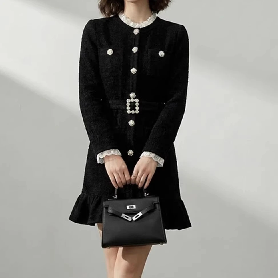 

Черное бархатное платье с пуговицами и поясом, длинными рукавами, кружевными вставками, элегантное винтажное мини-платье-футляр