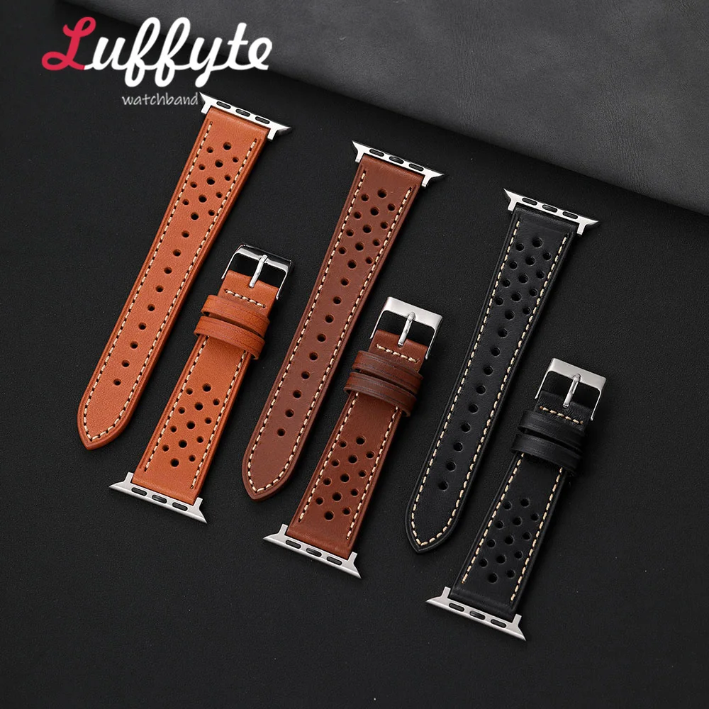 Men Retro Oil Wax Leather Watch Strap for iwatch 38-49mm for Apple Watch 1-11 Ultra SE 3 2 1 Breathable Porous Watchbands