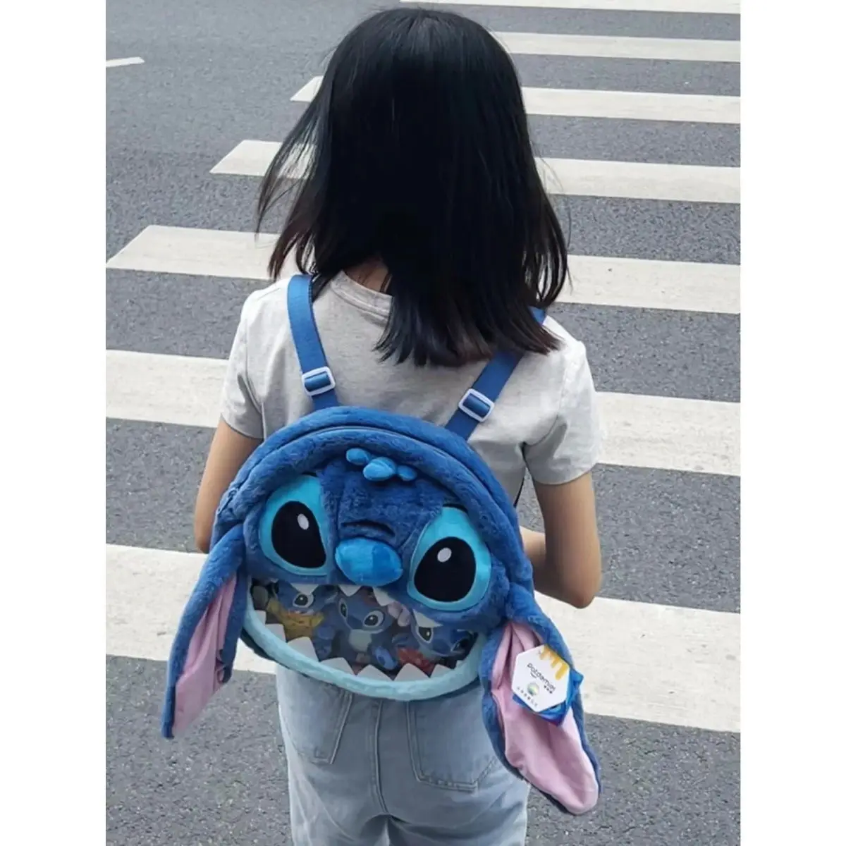 ステッチぬいぐるみリュックサック、バッジやピン用の大きな透明窓付き、日本のJKスタイル、女子学生・大学生向けデイパック