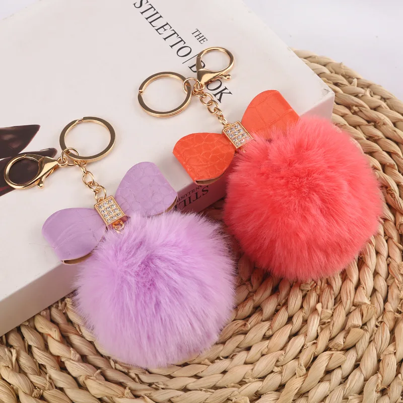 Faux Fur Pom Pom Keychain Women Girls Plush Ball Bag Backpack Pendant Creative Rhinestone Pu Leather Bow Car Keyring GiftS