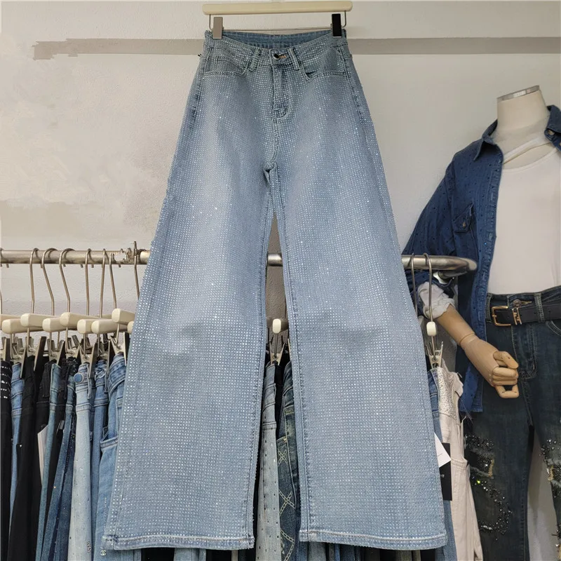 

Glam Rhinestone High Waist Jeans | European Sparkle Wide Leg Pants, Kong Fashion Loose Fit Trousers