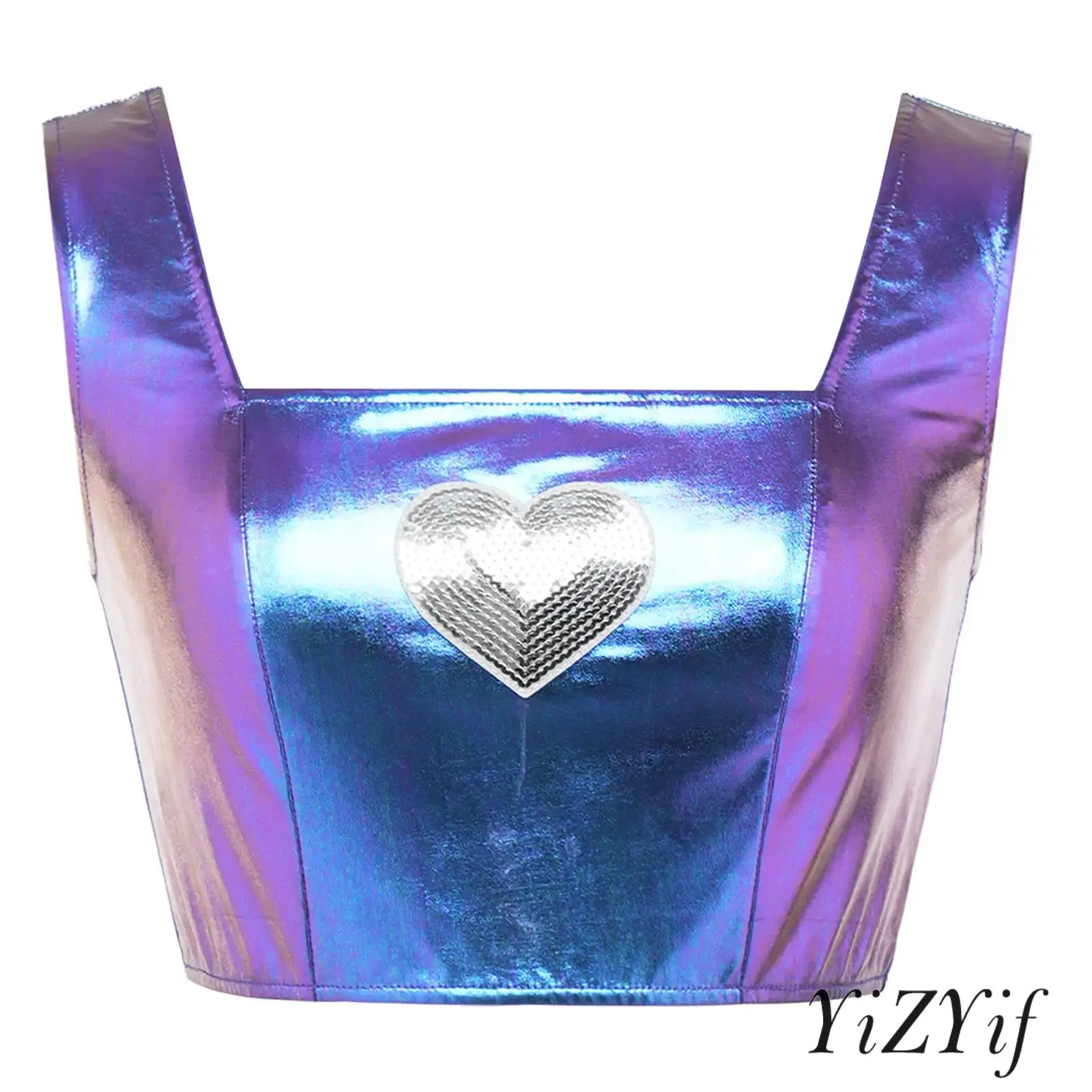 

Womens Jazz Dance Party Costume Metallic Shiny Crop Tank Top with Sequined Heart Square Neck Sleeveless Crop Top Vest Streetwear