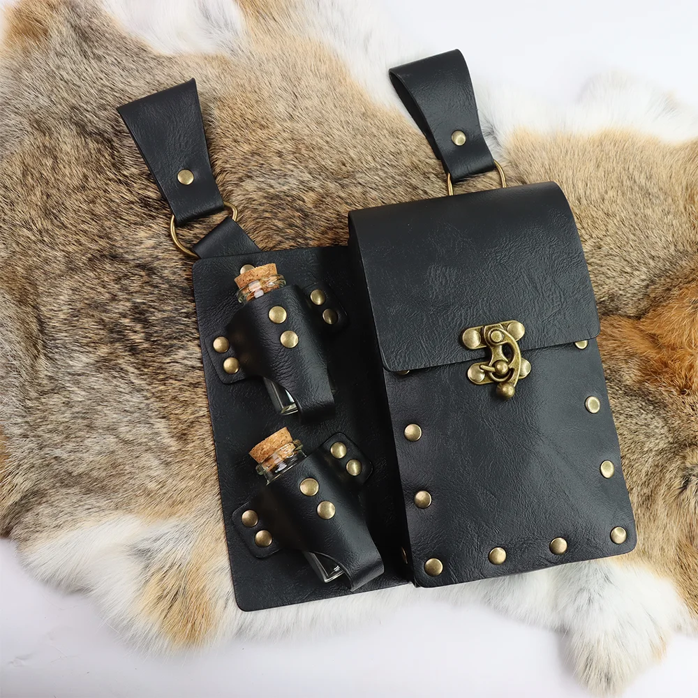 Set sabuk kulit imitasi inspirasi Renaissance elegan dengan tas pinggang botol obat untuk kostum Halloween festival abad pertengahan