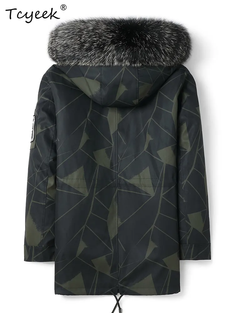 Tcyeel Real Rabbit Fur Coat Men Mid-long Parka Winter Clothes Liner Detachable Trendy Mens Coats Slim Fit Sliver Fox Fur Collar