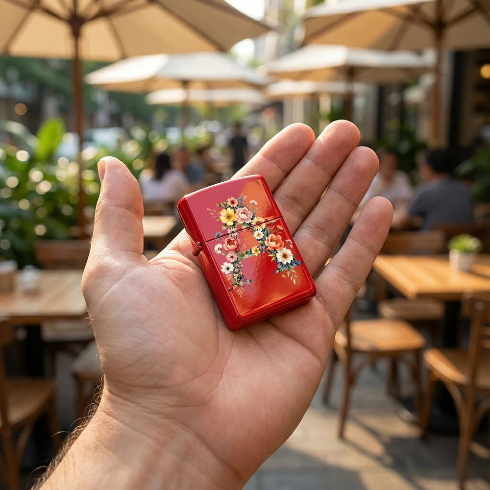 Red Flip-Top Lighter with Watercolor Wildflower Design and Individual Letters A-Z—A Decorative Gift Perfect for Birthdays