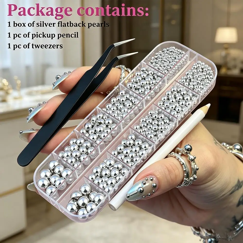 12Grids 3D Silver Half Round Pearl Bead Nail Charms Flatback Caviar Beads Nail Art Decorations Mixed-Sizes Pearls Manicure Parts