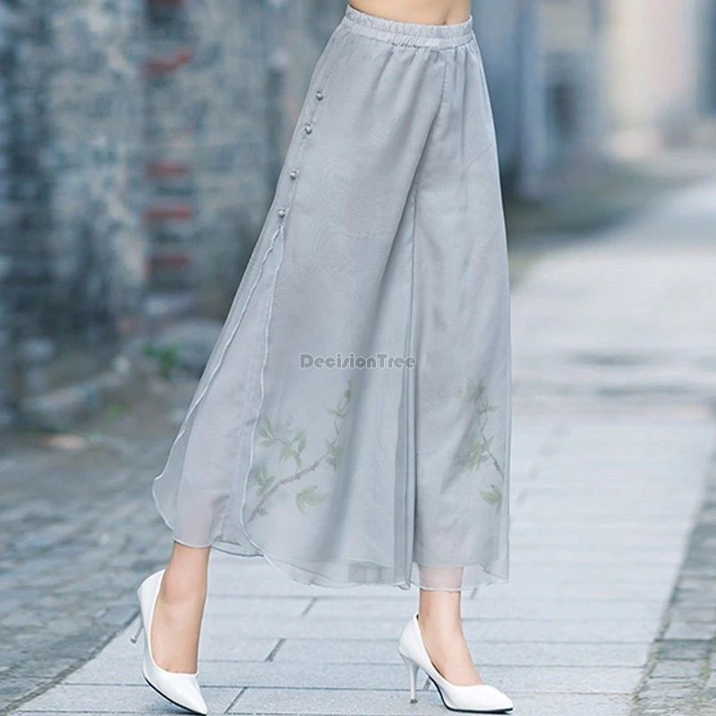 2024 spring new chinese national chiffon printed wide-leg pants retro elastic waist casual loose style women daily retro pants