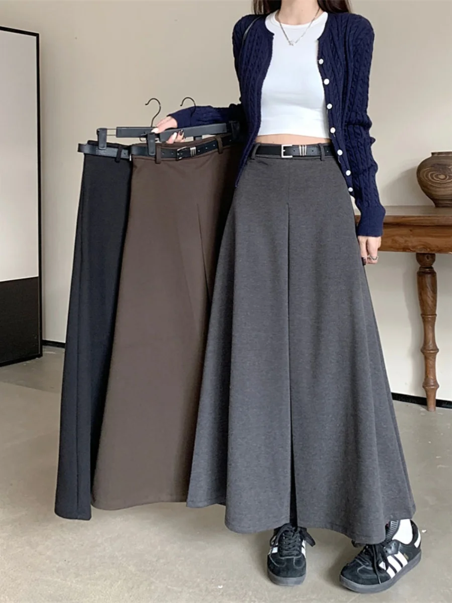 

Шерстяная юбка-миди А-силуэта с высокой талией, стройнящая, женская, осенне-зимняя, новая, больших размеров, модная, для офиса, однотонная