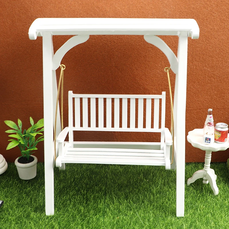 1:12 Dollhouse Miniature White Wooden Furniture Swing Chair Hammock Miniature Garden Furniture Swing Doll House Garden Decor Toy