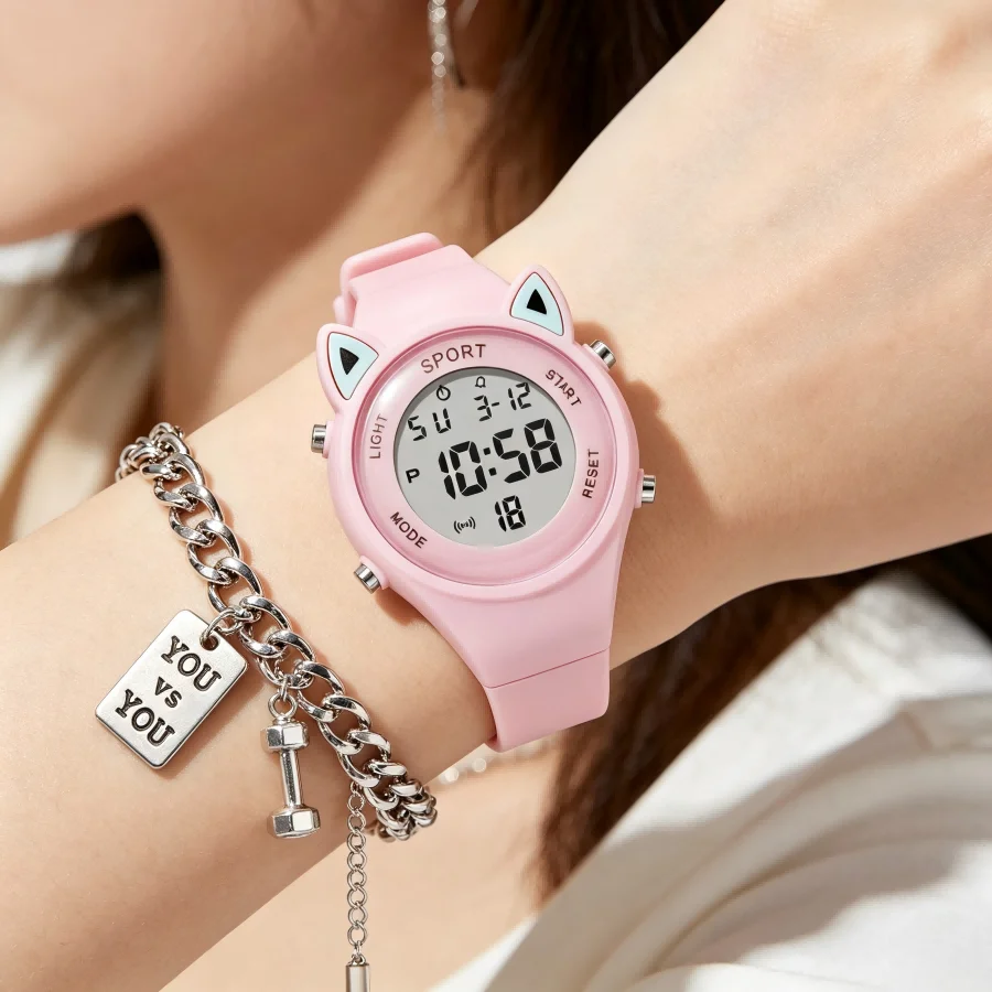 Reloj infantil con orejas de gato y pulsera, reloj digital impermeable, reloj deportivo electrónico LED para niñas, niños, estudiantes, regalo para niños