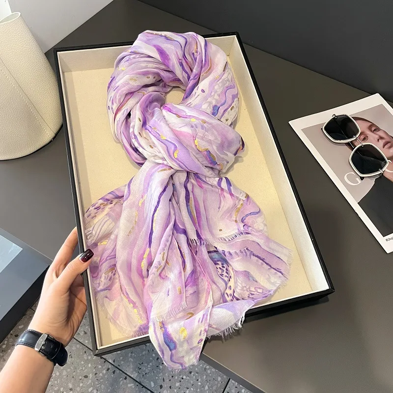 Lurex Glitter Abstract Painting Fringe Viscose Shawl Scarf Lady High Quality Wrap Pashmina Stole Bufandas Muslim Hijab 180*90Cm