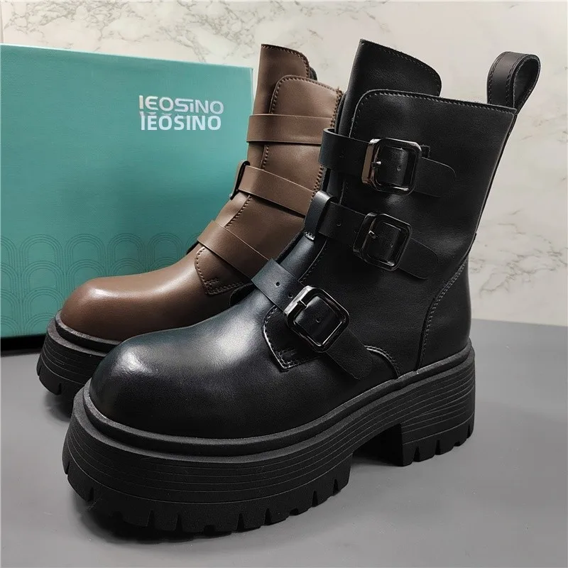 

Женские ботинки из воловьей кожи с верхним слоем, мотоциклетные ботинки на подкладке, модные ботинки Thi Bot Retro Briti Sle Wint...