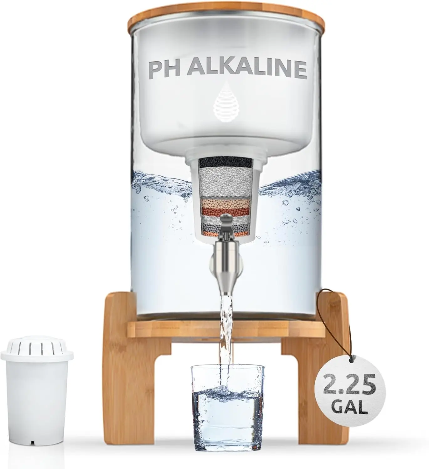 

pH Recharge Glass Alkaline Water Dispenser Filter System - Countertop Purifier Pitcher for Home and Office - High pH Pure