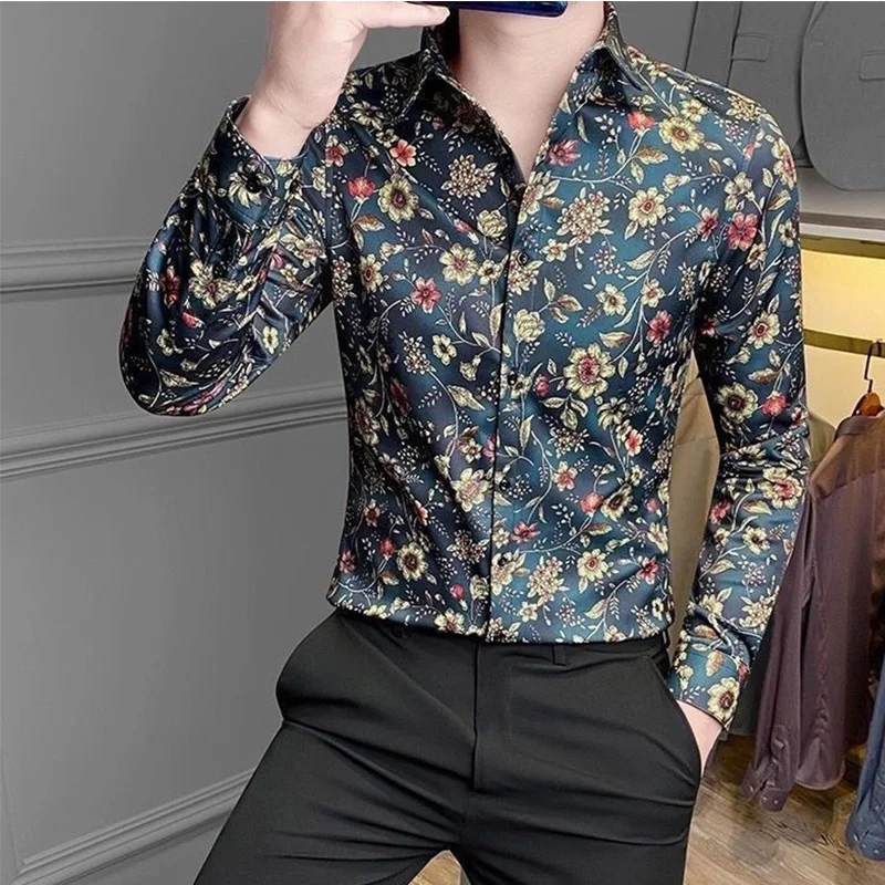 Summer Handsome Retro Loose Casual England Style Men\'s Shirt Irregular Print Polyester Button Lapels Long Sleeve Y2K Chic Tops