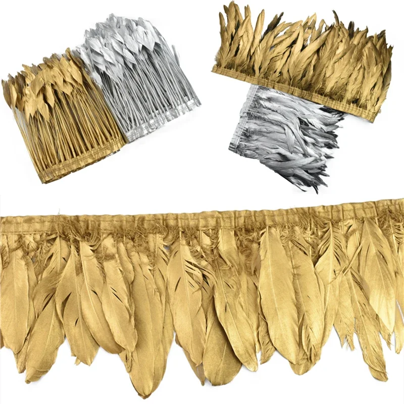 2 Meter Gold-Silber-Gänsefeder-Hahnenfeder-Quasten-Fransen-Besatz, Nähzubehör, Bänder, DIY-Dekorationen, Dekor für Kleidung – Detail 1