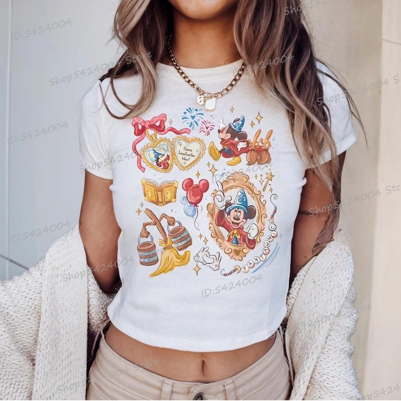 

Футболка с Микки Маусом из мультфильма, укороченный топ, фантазийные забавные аниме-девушки, одинаковые футболки для путешествий, сексуальные женские хлопковые укороченные топы с короткими рукавами