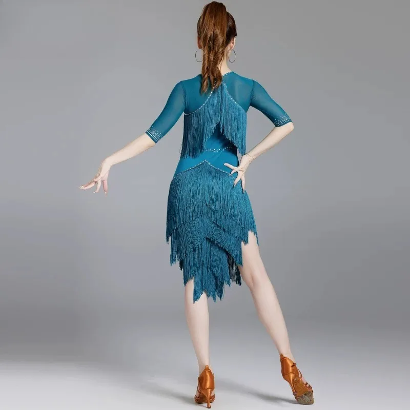 Customized Latin Dance Dress Female Adult Professional Competition Flower Clothes Hot Stamping Table Performance Tassel Dresses