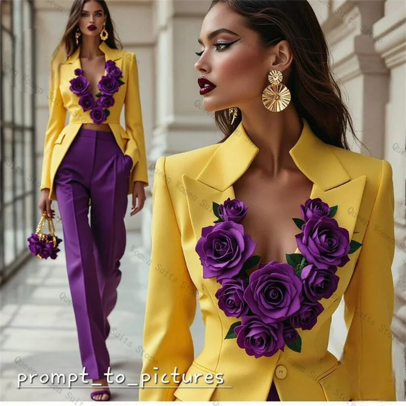 

Yellow Purple Women Suit Set 2 Piece Blazer+Pants Trousers Formal Office V Neck Jacket 3D Flower Wedding Bride Coat Customized
