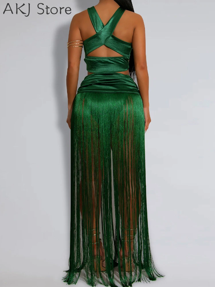 

Sexy Two Piece Skirts Set Solid Color Sleeveless Tank Top and High Waist Tassels Decor Skirt Sets