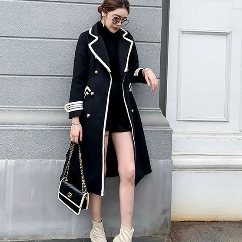New Women's Long Woolen Coat Autumn Winter Thick Slim Black Double Breasted Trench Coats Female Korean Casual Parker Overcoat