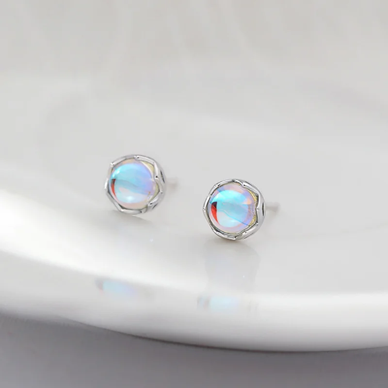 925 Silver Plated Moonstone Round Bead Stud Earring For Women Girls Wedding Party Jewelry Gift E379