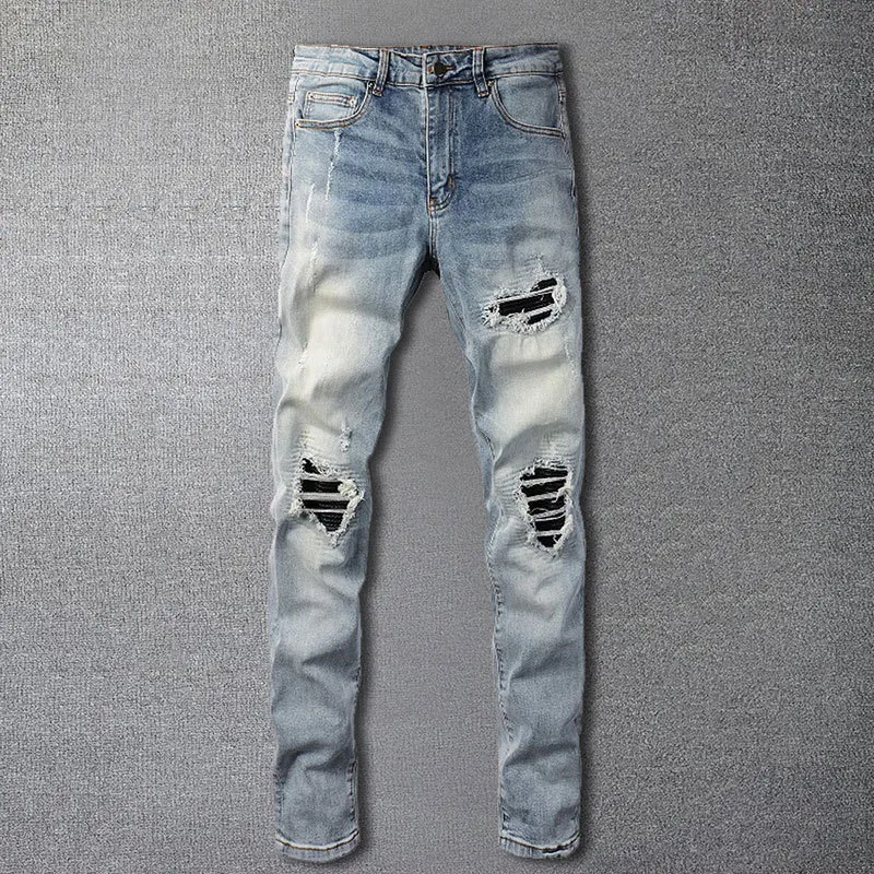 Personality High Street Men Blue Ripped Patch Slim Jeans High Quality Jeans Men Patchwork Ripped Jeans Fall Men Stacked Jeans